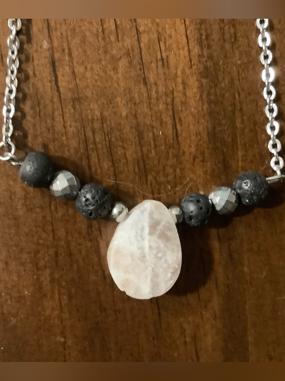 Minimalist Black Lava Bead Necklace with White Rose Quartz Pendant